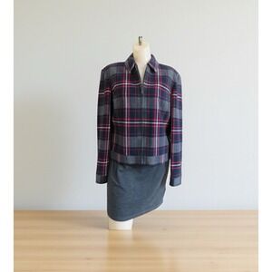 David Brooks‎ Wool Plaid Jacket Zip Front Women M Dark Navy Gray Red